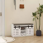 Banc de rangement pour chaussures de ferme avec porte coulissante de style grange et coussin amovible, banc d'entrée/couloir pour chambre à coucher/vestiaire