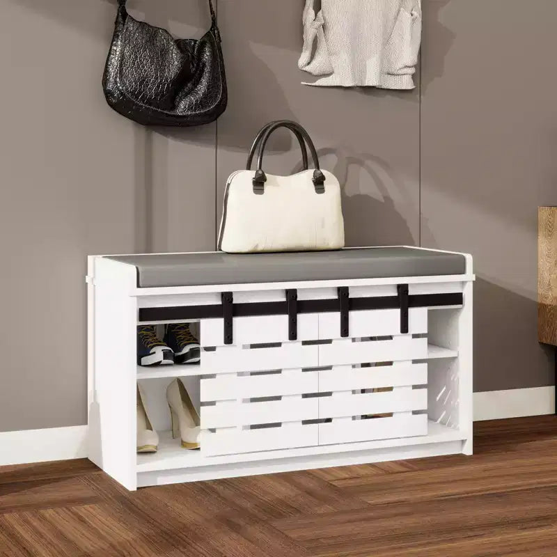 Banc de rangement pour chaussures de ferme avec porte coulissante de style grange et coussin amovible, banc d'entrée/couloir pour chambre à coucher/vestiaire