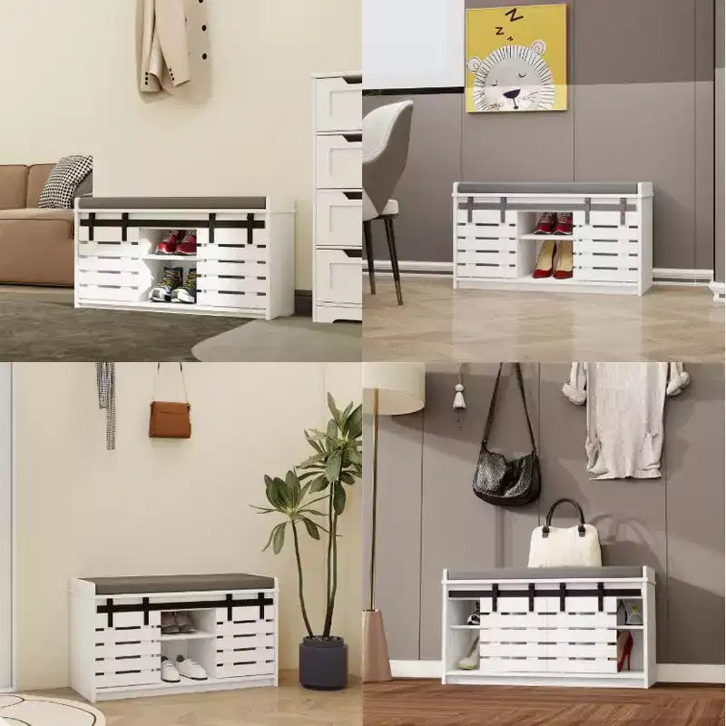 Banc de rangement pour chaussures de ferme avec porte coulissante de style grange et coussin amovible, banc d'entrée/couloir pour chambre à coucher/vestiaire