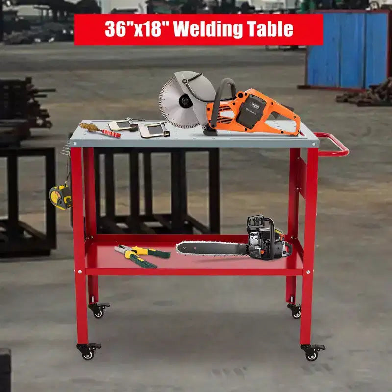 Table de soudage mobile 36 po x 18 po, table d'établi de soudage en acier de 1 200 lb avec 8 fentes pour outils, trous de fixation de 5/8 po, 4 roulettes avec freins et plateau à outils