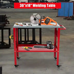 Table de soudage mobile 36 po x 18 po, table d'établi de soudage en acier de 1 200 lb avec 8 fentes pour outils, trous de fixation de 5/8 po, 4 roulettes avec freins et plateau à outils