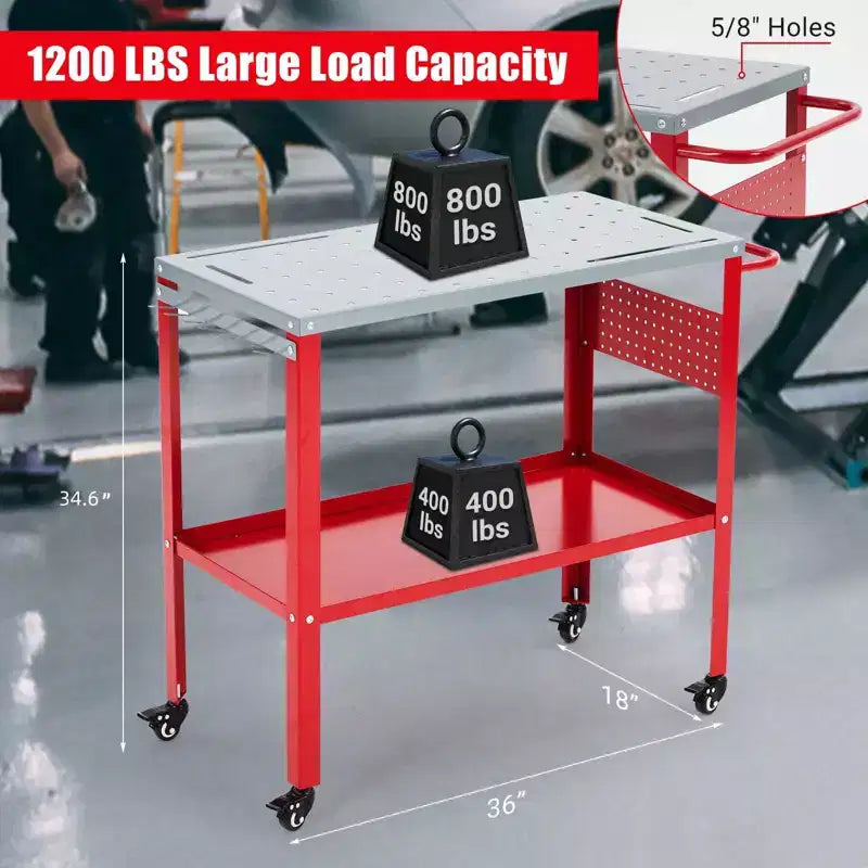 Table de soudage mobile 36 po x 18 po, table d'établi de soudage en acier de 1 200 lb avec 8 fentes pour outils, trous de fixation de 5/8 po, 4 roulettes avec freins et plateau à outils