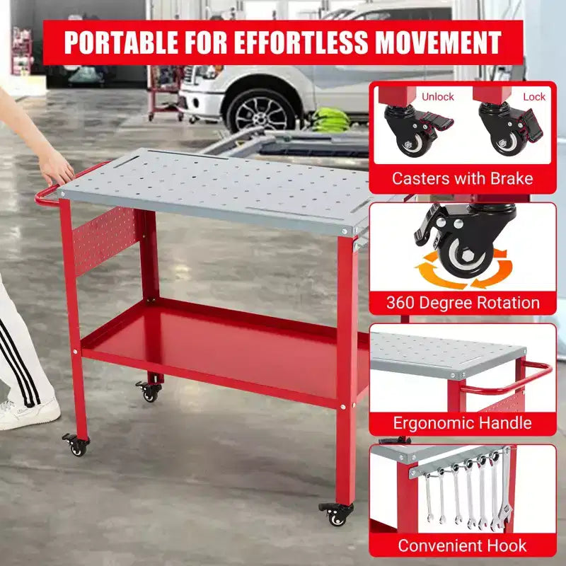 Table de soudage mobile 36 po x 18 po, table d'établi de soudage en acier de 1 200 lb avec 8 fentes pour outils, trous de fixation de 5/8 po, 4 roulettes avec freins et plateau à outils
