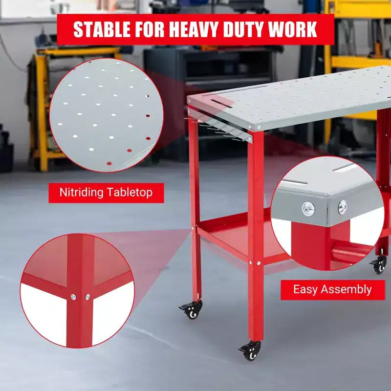 Table de soudage mobile 36 po x 18 po, table d'établi de soudage en acier de 1 200 lb avec 8 fentes pour outils, trous de fixation de 5/8 po, 4 roulettes avec freins et plateau à outils