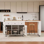 Îlot de cuisine roulant Bestier de 85,5 pouces avec table à manger extensible, prise de courant, 3 tiroirs, 2 portes et étagères latérales ouvertes