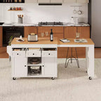 Îlot de cuisine roulant Bestier de 85,5 pouces avec table à manger extensible, prise de courant, 3 tiroirs, 2 portes et étagères latérales ouvertes
