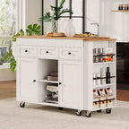 Îlot de cuisine roulant Bestier de 85,5 pouces avec table à manger extensible, prise de courant, 3 tiroirs, 2 portes et étagères latérales ouvertes