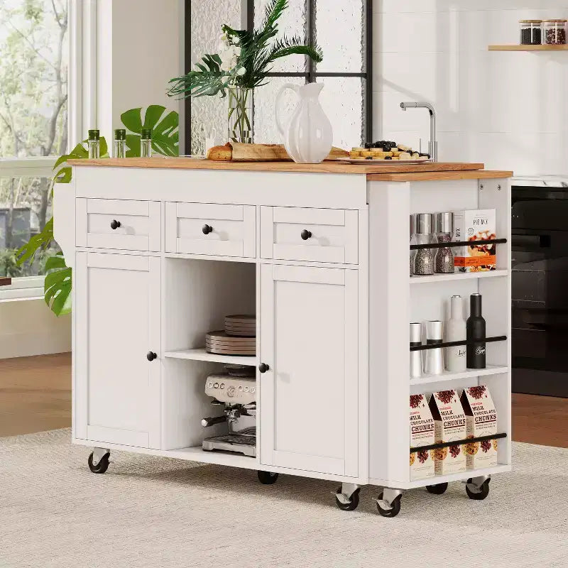 Îlot de cuisine roulant Bestier de 85,5 pouces avec table à manger extensible, prise de courant, 3 tiroirs, 2 portes et étagères latérales ouvertes