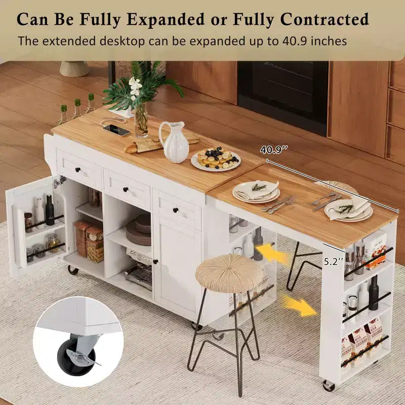 Îlot de cuisine roulant Bestier de 85,5 pouces avec table à manger extensible, prise de courant, 3 tiroirs, 2 portes et étagères latérales ouvertes
