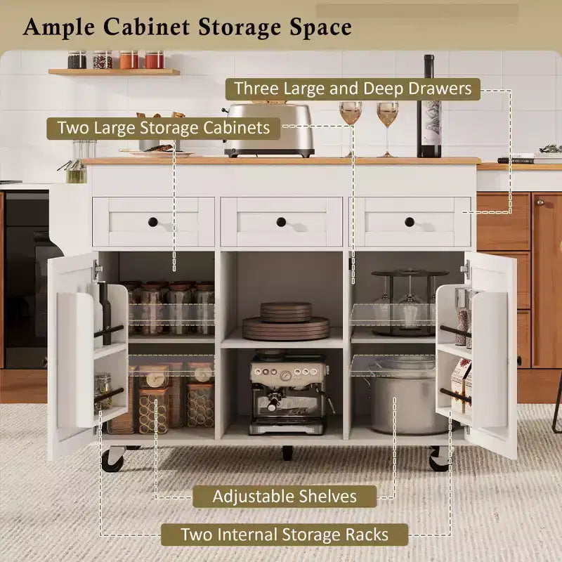 Îlot de cuisine roulant Bestier de 85,5 pouces avec table à manger extensible, prise de courant, 3 tiroirs, 2 portes et étagères latérales ouvertes