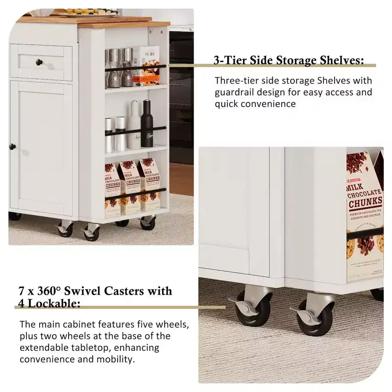 Îlot de cuisine roulant Bestier de 85,5 pouces avec table à manger extensible, prise de courant, 3 tiroirs, 2 portes et étagères latérales ouvertes