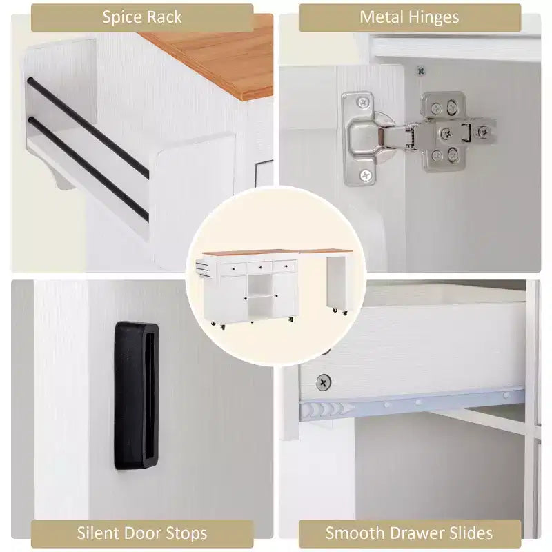 Îlot de cuisine roulant Bestier de 85,5 pouces avec table à manger extensible, prise de courant, 3 tiroirs, 2 portes et étagères latérales ouvertes