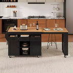 Îlot de cuisine roulant Bestier de 85,5 pouces avec table à manger extensible, prise de courant, 3 tiroirs, 2 portes et étagères latérales ouvertes