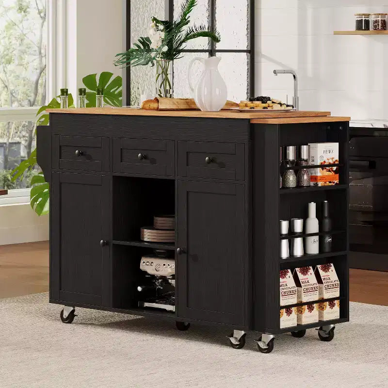 Îlot de cuisine roulant Bestier de 85,5 pouces avec table à manger extensible, prise de courant, 3 tiroirs, 2 portes et étagères latérales ouvertes