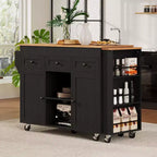 Îlot de cuisine roulant Bestier de 85,5 pouces avec table à manger extensible, prise de courant, 3 tiroirs, 2 portes et étagères latérales ouvertes