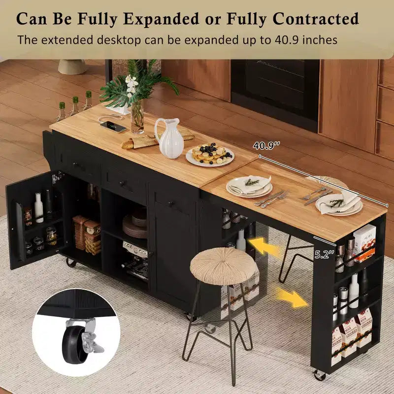 Îlot de cuisine roulant Bestier de 85,5 pouces avec table à manger extensible, prise de courant, 3 tiroirs, 2 portes et étagères latérales ouvertes