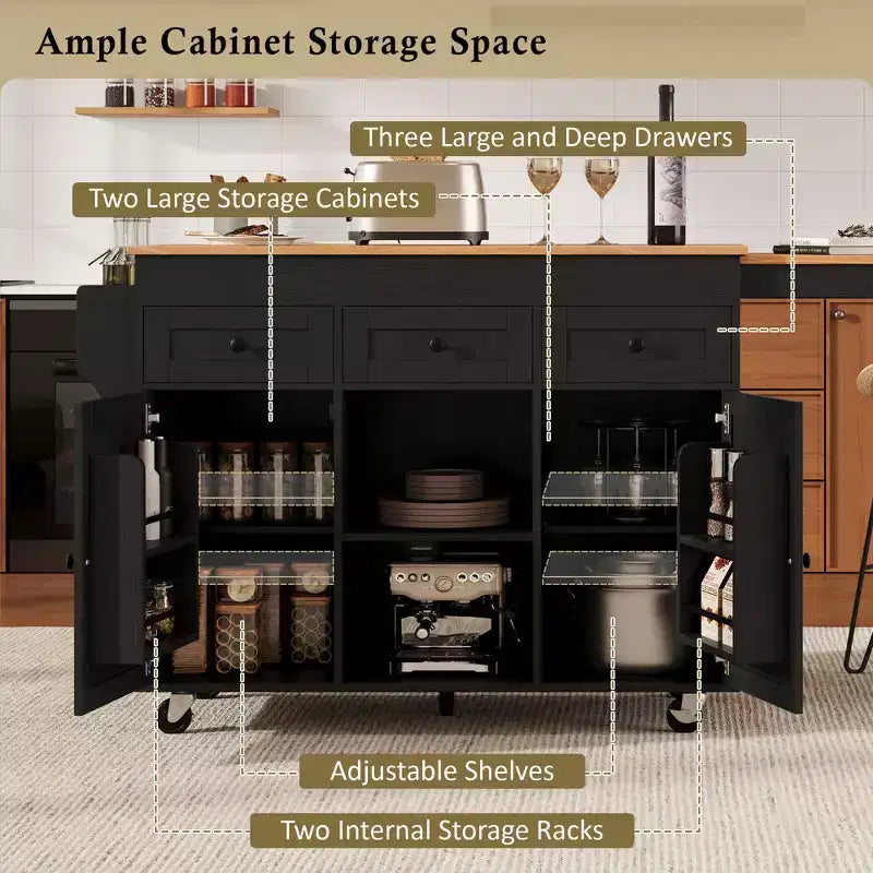 Îlot de cuisine roulant Bestier de 85,5 pouces avec table à manger extensible, prise de courant, 3 tiroirs, 2 portes et étagères latérales ouvertes