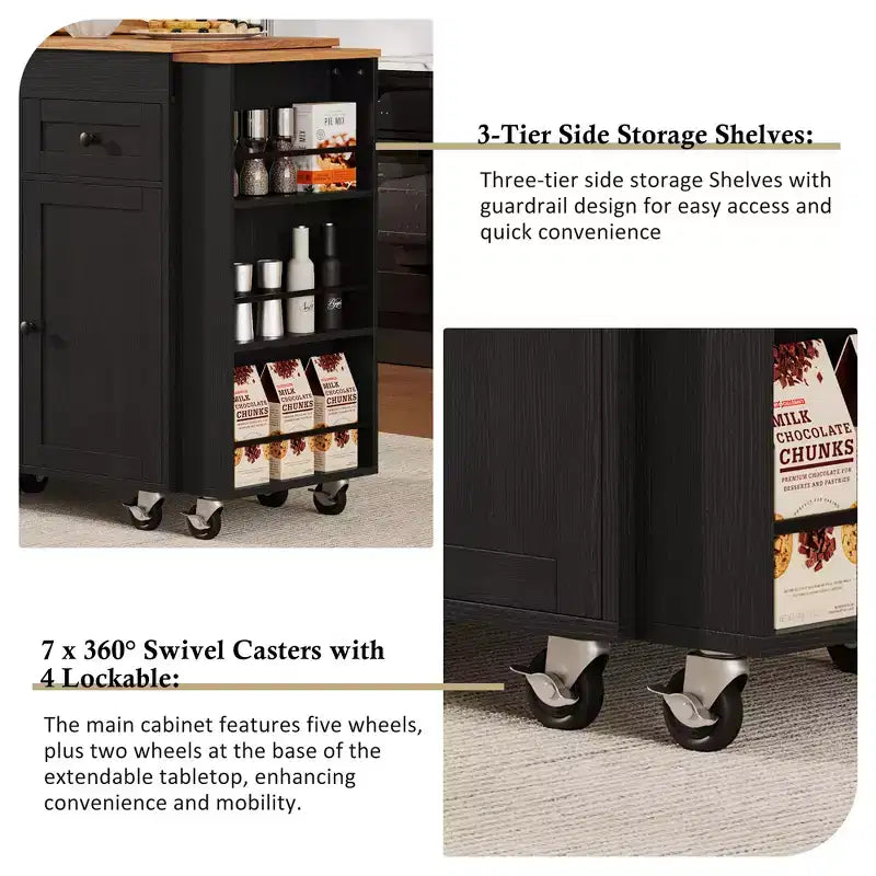 Îlot de cuisine roulant Bestier de 85,5 pouces avec table à manger extensible, prise de courant, 3 tiroirs, 2 portes et étagères latérales ouvertes