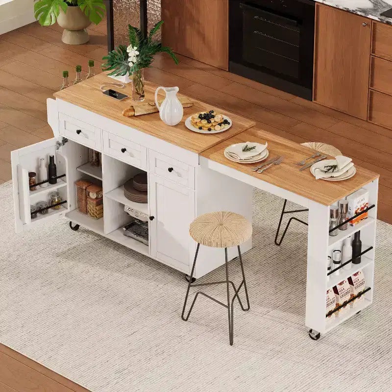 Îlot de cuisine roulant Bestier de 85,5 pouces avec table à manger extensible, prise de courant, 3 tiroirs, 2 portes et étagères latérales ouvertes