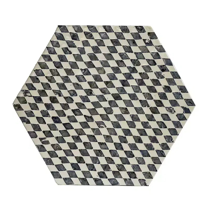 Tabouret de jardin hexagonal Capiz Table d'appoint Noir Blanc 15x13x17