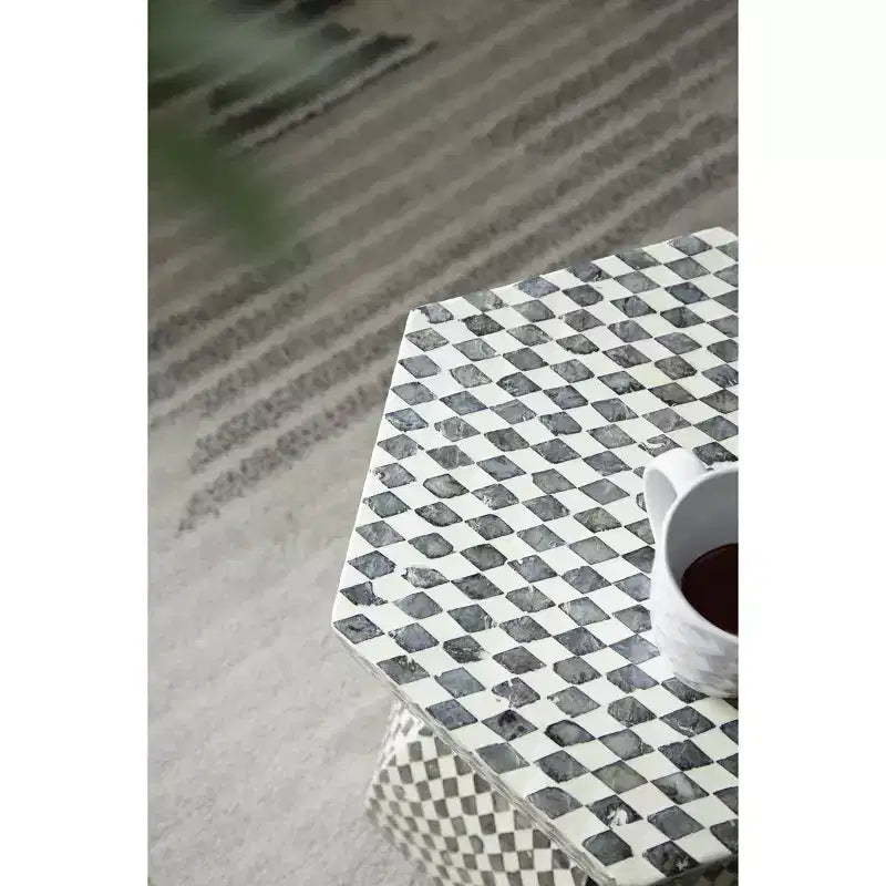 Tabouret de jardin hexagonal Capiz Table d'appoint Noir Blanc 15x13x17