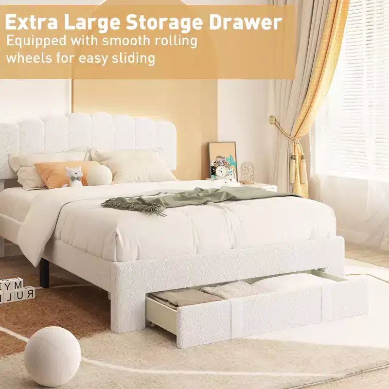Cadre de lit moderne Bestier rembourré avec tête de lit ondulée, éclairage d'ambiance blanc et tiroir de rangement extra-large