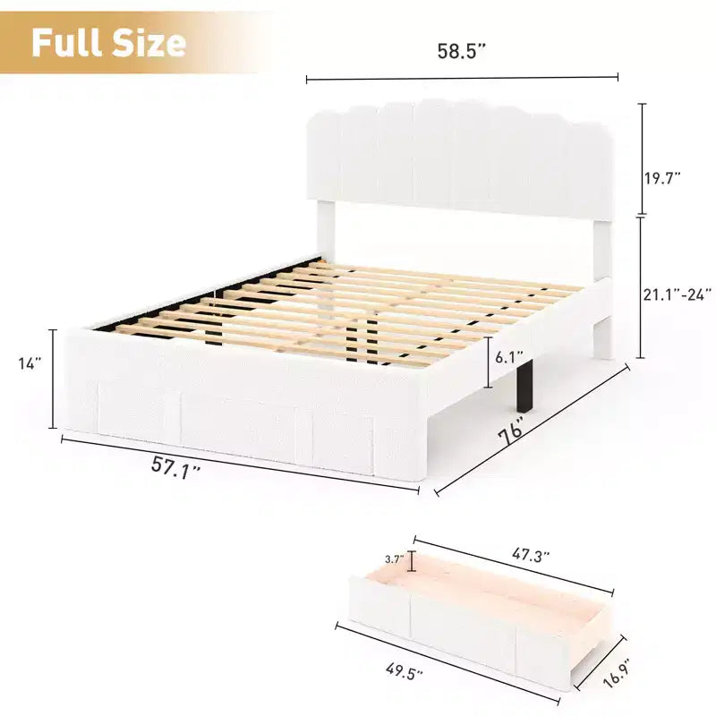 Cadre de lit moderne Bestier rembourré avec tête de lit ondulée, éclairage d'ambiance blanc et tiroir de rangement extra-large