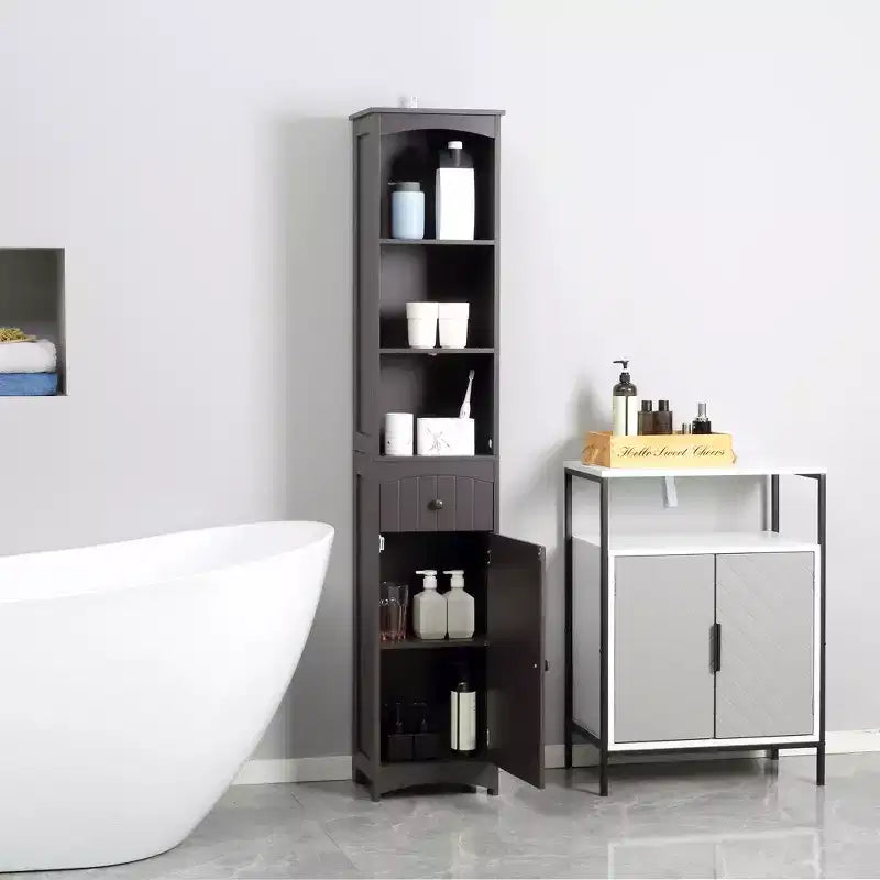Meuble de rangement haut et étroit pour salle de bain avec étagères et portes, armoire de toilette mince sur pied