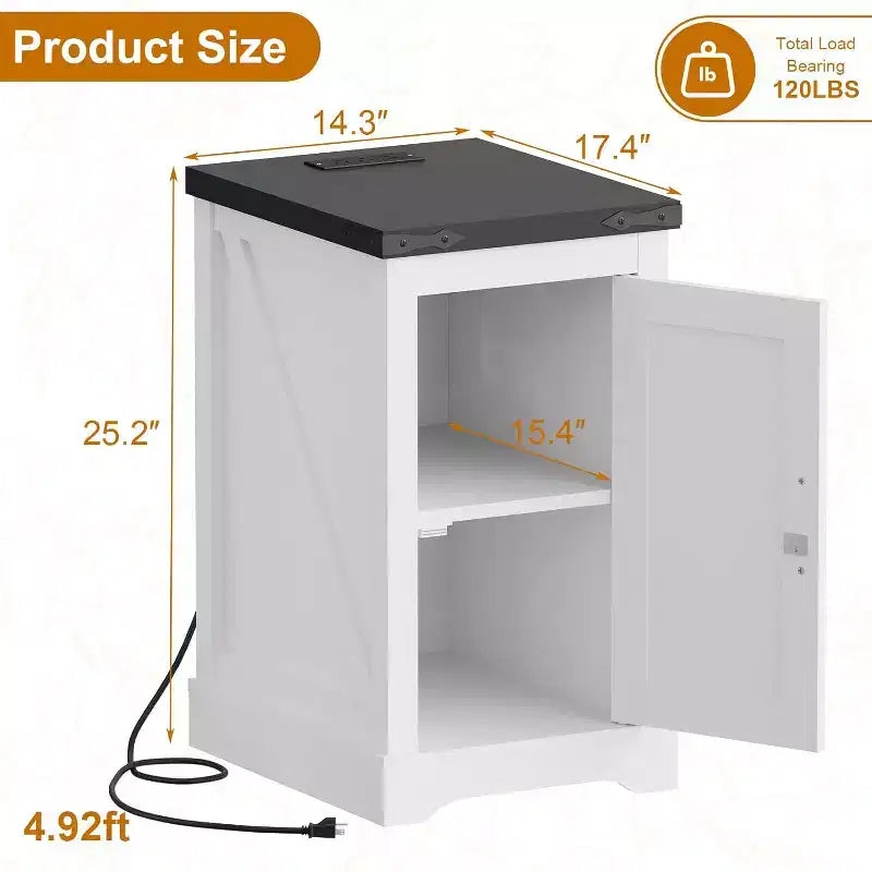 Table de chevet de style industriel avec station de charge comprenant 2 prises de courant intégrées + 2 ports de charge USB, convient aux chambres et aux bureaux.