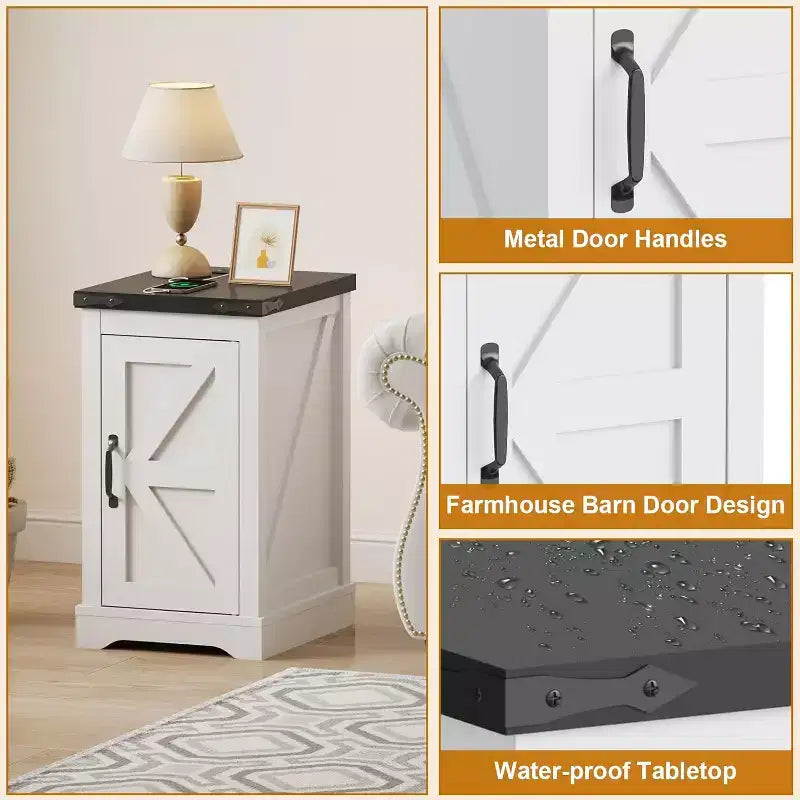 Table de chevet de style industriel avec station de charge comprenant 2 prises de courant intégrées + 2 ports de charge USB, convient aux chambres et aux bureaux.