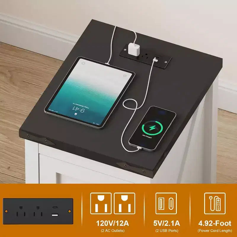 Table de chevet de style industriel avec station de charge comprenant 2 prises de courant intégrées + 2 ports de charge USB, convient aux chambres et aux bureaux.
