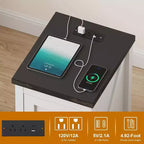 Table de chevet de style industriel avec station de charge comprenant 2 prises de courant intégrées + 2 ports de charge USB, convient aux chambres et aux bureaux.