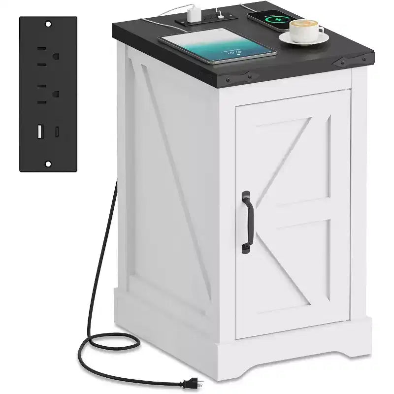 Table de chevet de style industriel avec station de charge comprenant 2 prises de courant intégrées + 2 ports de charge USB, convient aux chambres et aux bureaux.
