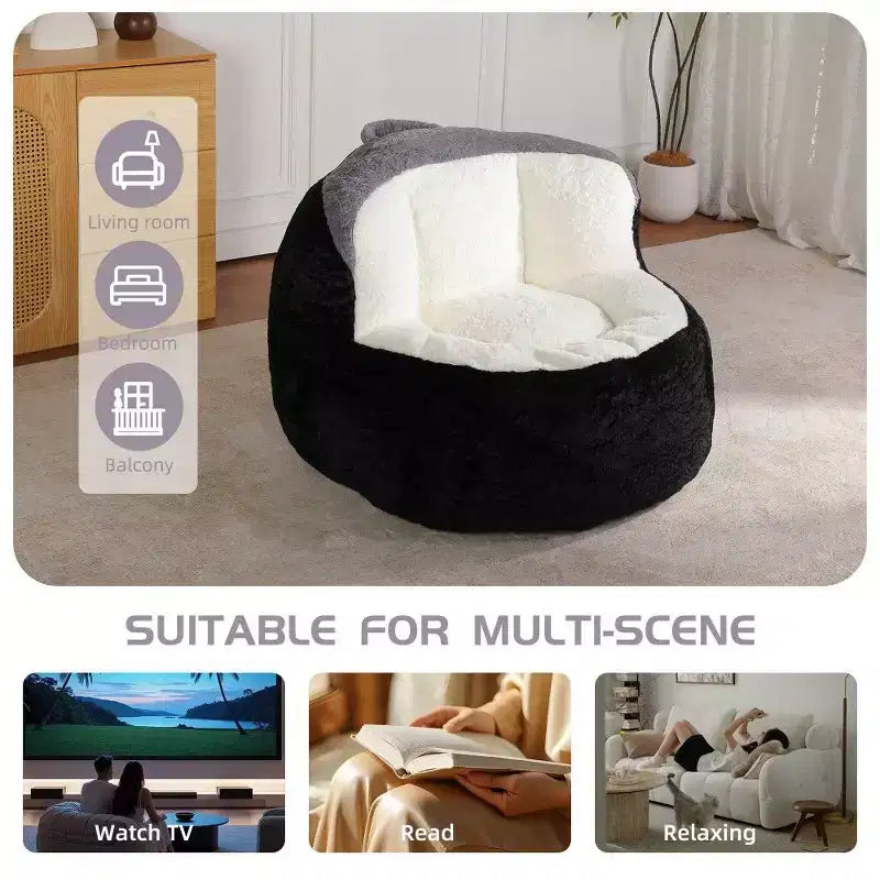 Fauteuil poire Okak en fausse fourrure multicolore, grand pouf fauteuil avec poignée de transport et sans assemblage, mousse déchiquetée haute résilience