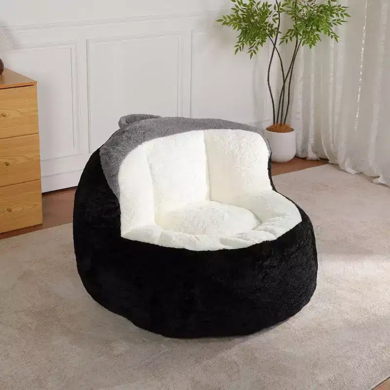 Fauteuil poire Okak en fausse fourrure multicolore, grand pouf fauteuil avec poignée de transport et sans assemblage, mousse déchiquetée haute résilience