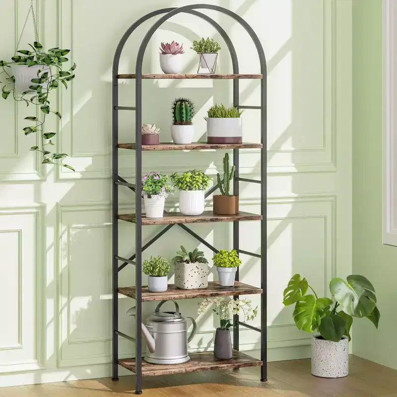 Bibliothèque Celebalcony, Bibliothèque arquée à 5 niveaux, Étagère haute pour CD/livres, Organisateur de rangement pour bureau à domicile, pour chambre/salon, Marron