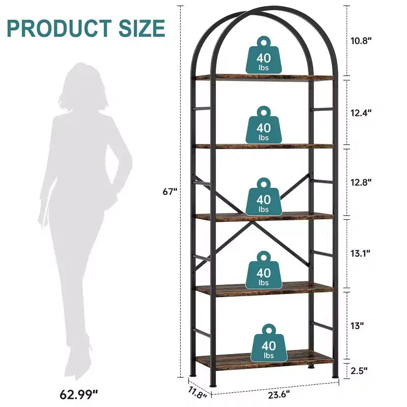 Bibliothèque Celebalcony, Bibliothèque arquée à 5 niveaux, Étagère haute pour CD/livres, Organisateur de rangement pour bureau à domicile, pour chambre/salon, Marron