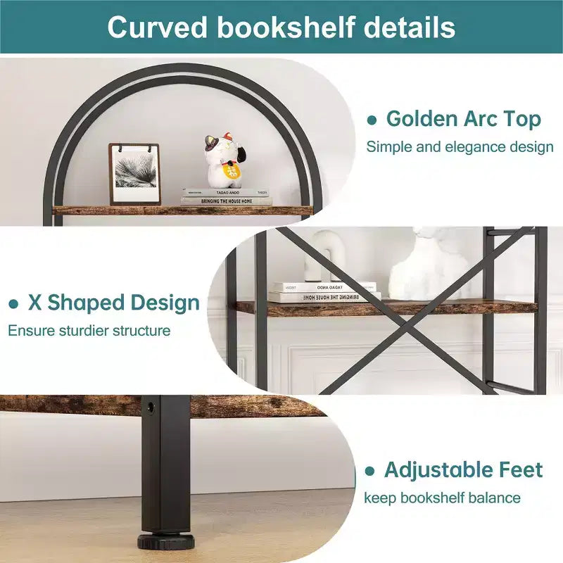 Bibliothèque Celebalcony, Bibliothèque arquée à 5 niveaux, Étagère haute pour CD/livres, Organisateur de rangement pour bureau à domicile, pour chambre/salon, Marron