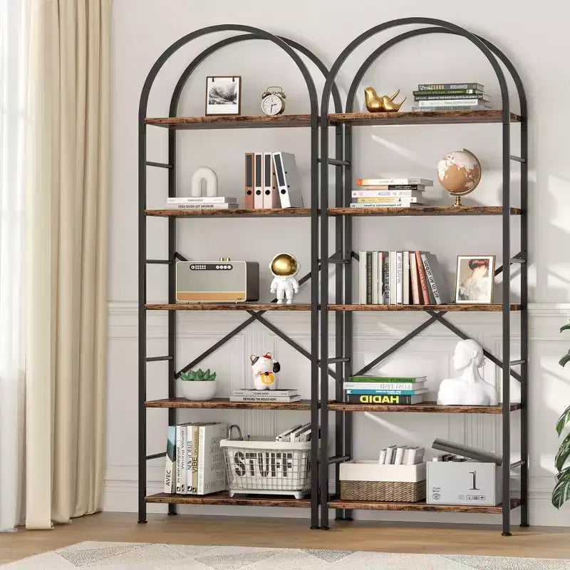 Bibliothèque Celebalcony, Bibliothèque arquée à 5 niveaux, Étagère haute pour CD/livres, Organisateur de rangement pour bureau à domicile, pour chambre/salon, Marron