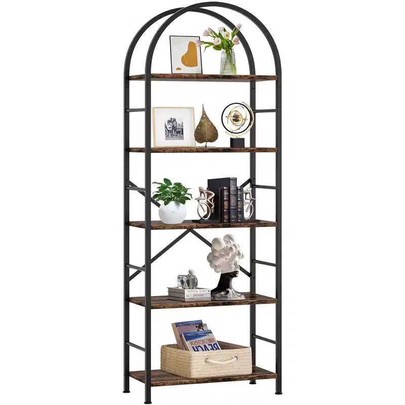 Bibliothèque Celebalcony, Bibliothèque arquée à 5 niveaux, Étagère haute pour CD/livres, Organisateur de rangement pour bureau à domicile, pour chambre/salon, Marron