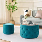 Okak – Ensemble gigogne de 2 poufs de rangement modernes en velours avec plateau en bois, repose-pieds rembourré et table basse ronde