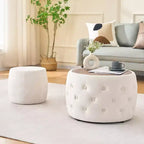 Okak – Ensemble gigogne de 2 poufs de rangement modernes en velours avec plateau en bois, repose-pieds rembourré et table basse ronde
