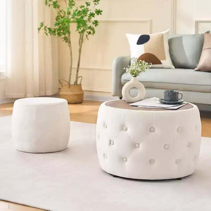 Okak – Ensemble gigogne de 2 poufs de rangement modernes en velours avec plateau en bois, repose-pieds rembourré et table basse ronde