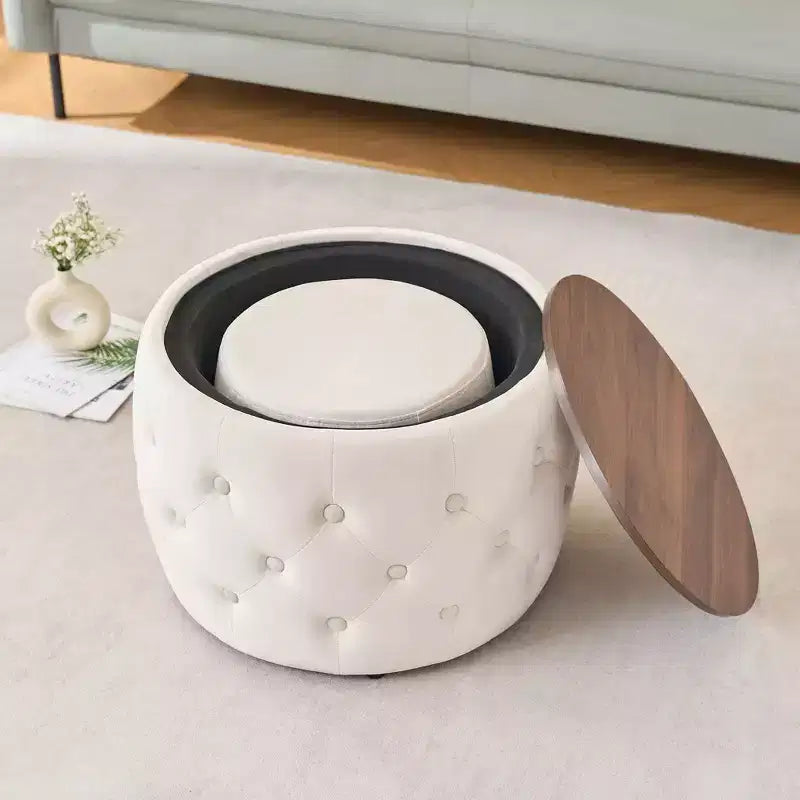 Okak – Ensemble gigogne de 2 poufs de rangement modernes en velours avec plateau en bois, repose-pieds rembourré et table basse ronde