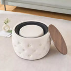 Okak – Ensemble gigogne de 2 poufs de rangement modernes en velours avec plateau en bois, repose-pieds rembourré et table basse ronde