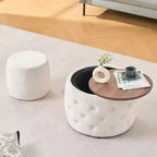 Okak – Ensemble gigogne de 2 poufs de rangement modernes en velours avec plateau en bois, repose-pieds rembourré et table basse ronde