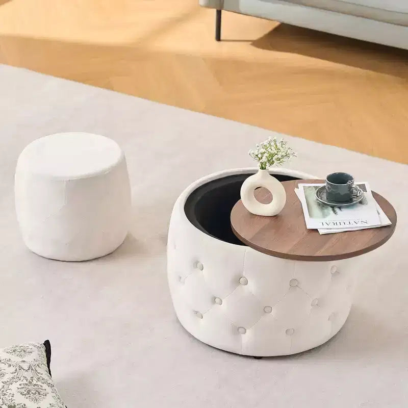 Okak – Ensemble gigogne de 2 poufs de rangement modernes en velours avec plateau en bois, repose-pieds rembourré et table basse ronde