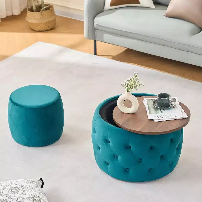 Okak Modern Nesting of 2 Velvet Fabric Storage Ottomans with Wood Tray,Upholstered Footstool & Round Coffee Table