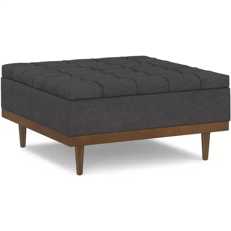 Tiana Pouf de rangement rectangulaire contemporain de 91 cm de large en lin polyester gris ardoise