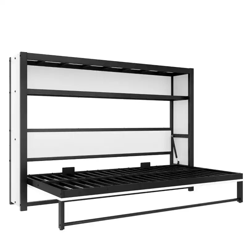 Lit escamotable double Bellemave avec étagères et pliable, cadre de lit escamotable mural en métal avec design compact